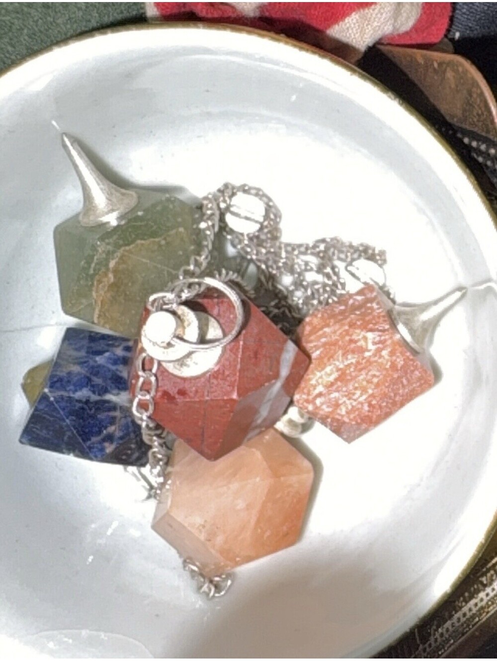 Set of 5 Faceted Gemstone Crystal Healing Pendulums with Chains